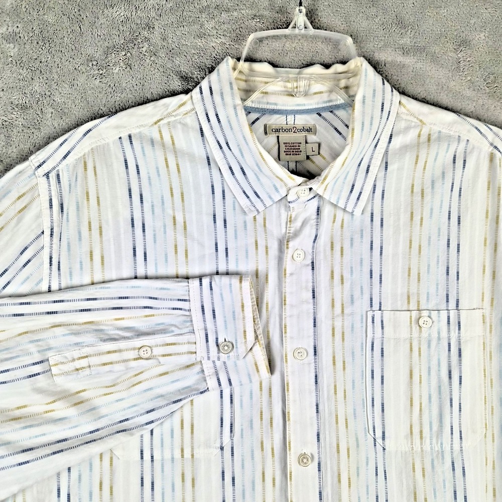 Carbon 2 Cobalt Mens Large White Striped Button Front Cotton Business DNA Lines